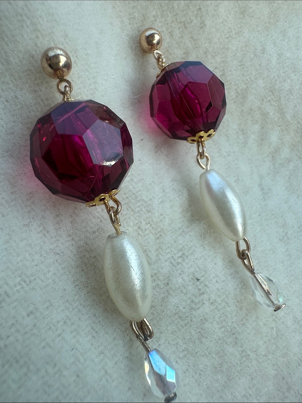 Drop Earrings with Deep Magenta Crystal and Faux Pearl Beads